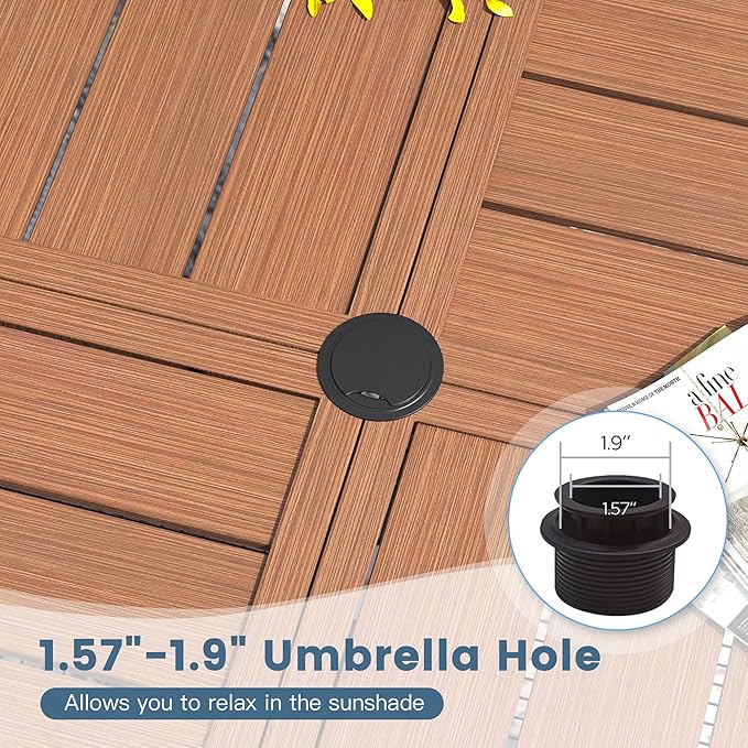 DIFY 47.2" Round Outdoor Patio Dining Table for 6, Metal Patio Table with 1.57" Adjustable Umbrella Hole, All-Weather Outdoor Furniture Table for Garden Backyard Deck, Walnut