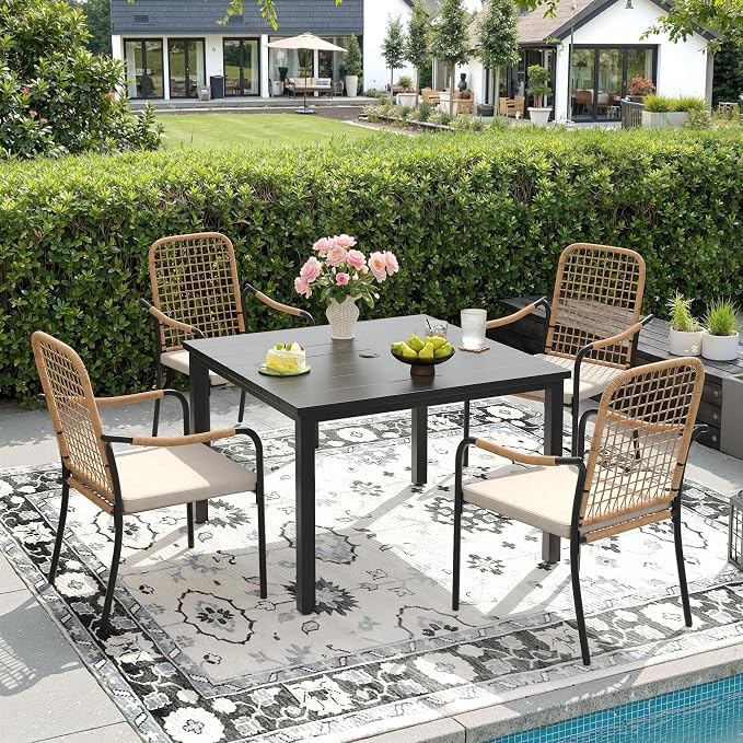 DIFY 5 Pieces Outdoor Dining Set, Metal Patio Table and Chairs Set for 4, 40.2" Square Dining Table with Umbrella Hole & Wicker Stackable Patio Chairs with Cushions, Black Tabletop