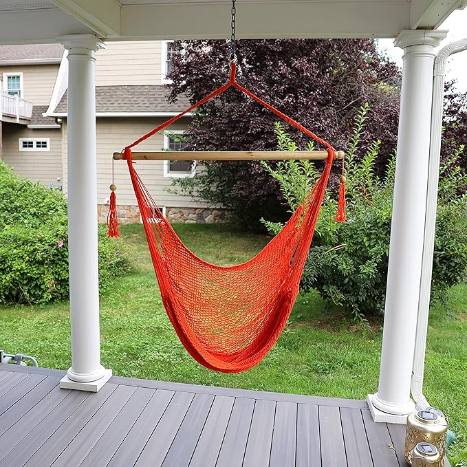 Bliss Hammocks BHC-412OR Island Rope Hammock Chair, Eco Friendly & Hand-Woven Cotton, Varnish Coated 40 Inch Wood Spreader, Easy to Hang w/Included Hanging Kit, Supports up to 265LBS, Orange Rope