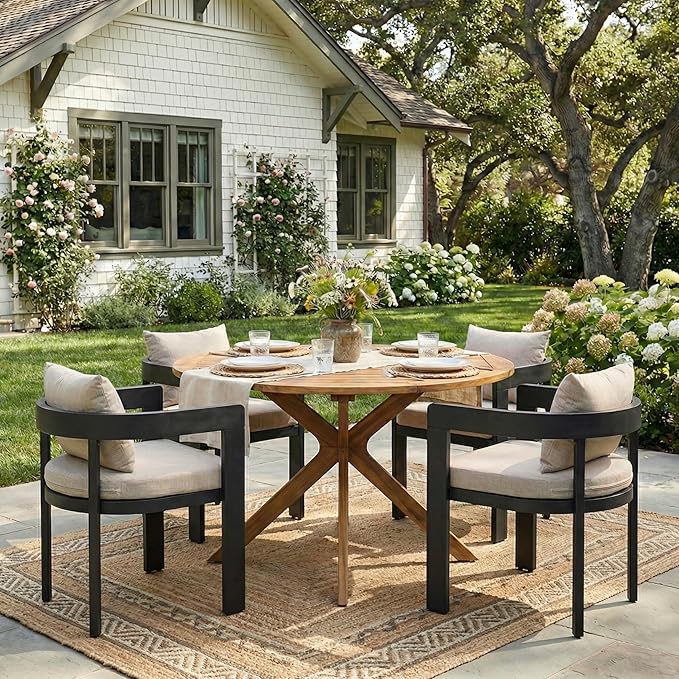 Christopher Knight Home Pusla Acacia Wood Patio Dining Set for 4, Wood&Metal Outdoor Dining Table Set for 4, Round Dining Table and Chairs Set of 4 with Cushion, Teak+Grey+Black