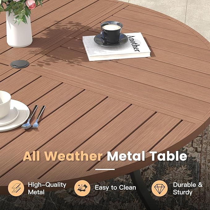 Outdoor Dining Set for 8, 60.1" Metal Round Outdoor Dining Table with Umbrella Hole and Sling Patio Swivel Chairs, 9 Pieces Patio Table and Chairs Set for Garden, Mixed Brown and Walnut