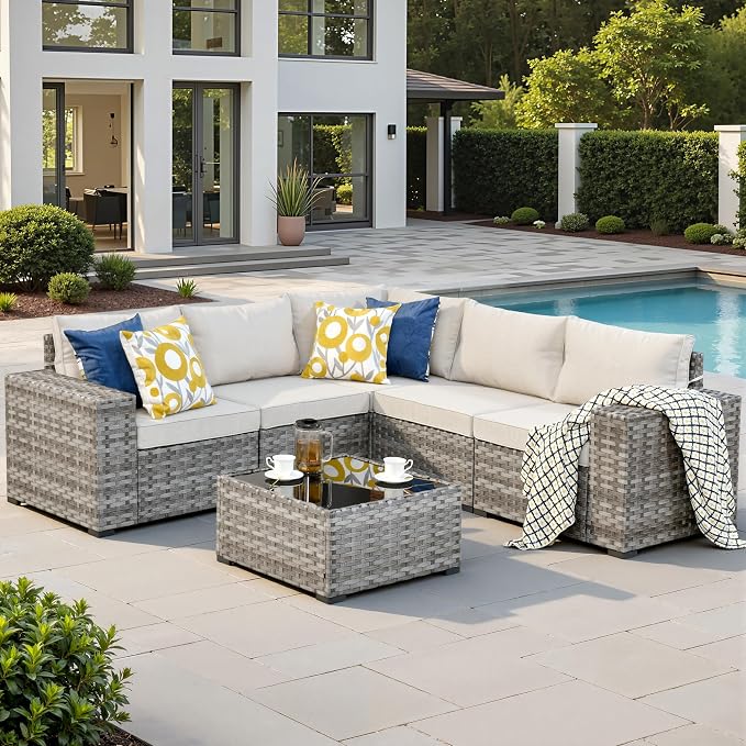 6 Pieces Patio Furniture Set, Outdoor Wicker Sectional Sofa with 7.7" Extra Wide Armrests, Modern Rattan Modular Conversation Set with Thickened Deep Seat Cushions & Coffee Table for Backyard, Beige