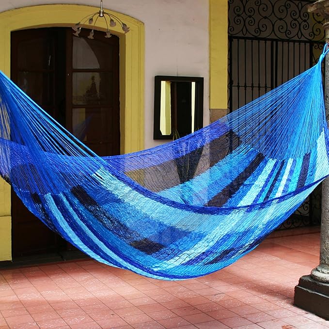 NOVICA Sky Blue Dark Blue Striped Nylon Hand Woven Mayan Rope 2 Person Xl Hammock, 'Blue Caribbean' (Double)