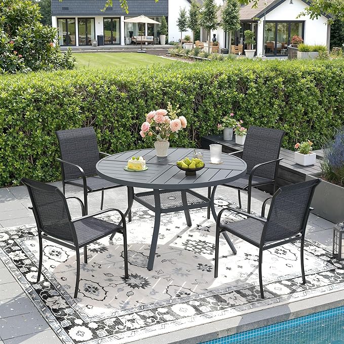DIFY Patio Dining Set for 4, 5 Piece Outdoor Table and Chairs Set, 40.6" Round Metal Patio Dining Table and 4 Textilene Stackable Patio Chairs, for Backyard Garden Poolside, Grey