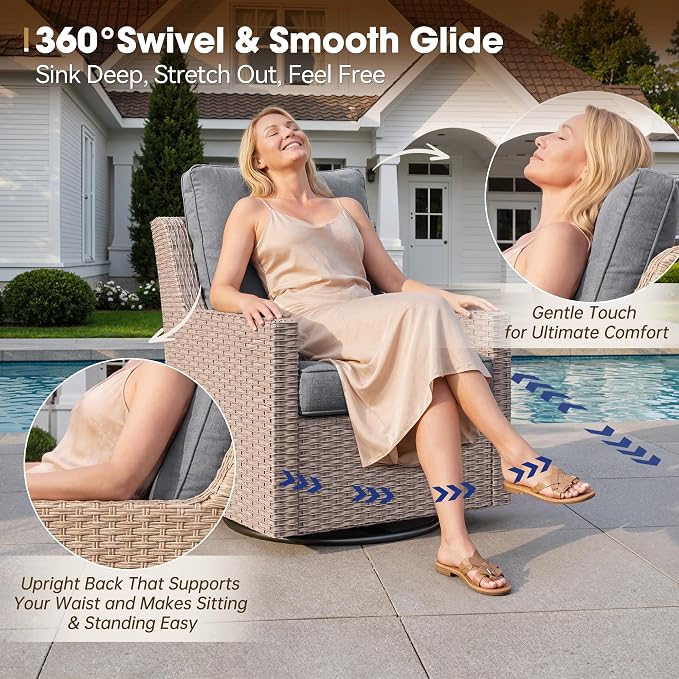 NestNook 4 Piece Patio Furniture Set, Outdoor Rattan Swivel Glider Chairs Set of 2 with 3-Seater Sofa and Coffee Table Wicker Patio Conversation Set for Backyard Balcony & Poolside（Dark Grey）
