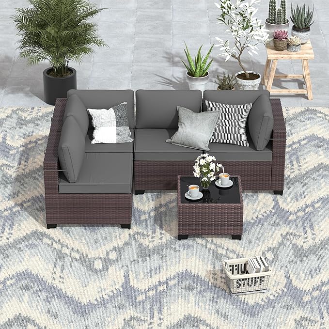 ALAULM 5 Pieces Patio Furniture Set Wicker Patio Conversation Set, Outdoor Sectional Furniture w/Coffee Table & Washable Seat Cushions-Grey
