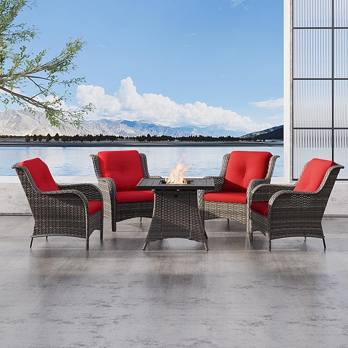 5 Pcs Patio Furniture Set with Fire Table-31'' Fire Pit Table, 4 Outdoor Rattan Wicker Conversation Chairs (4 Fixed Chairs) (Red)