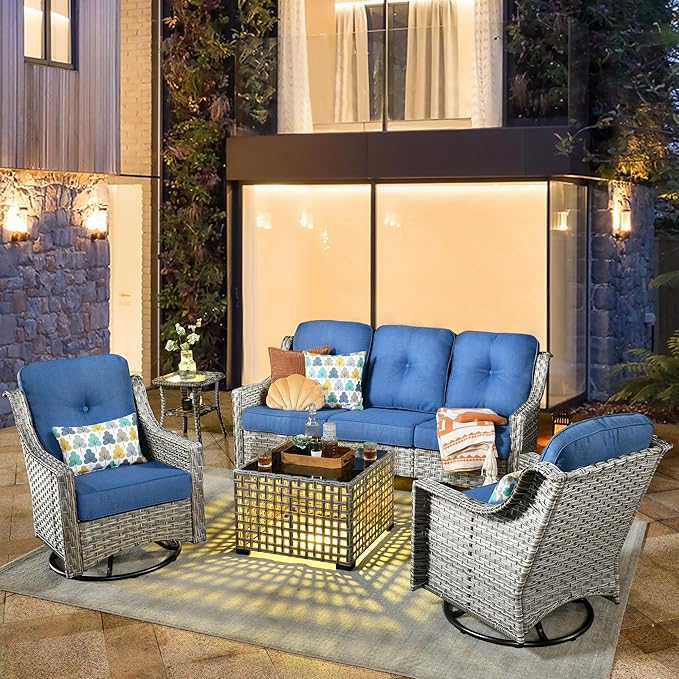 HOOOWOOO Patio Furniture Set,5 Pieces Wicker Outdoor Furniture,High Back Conversation Set with All Weather Resistant Solar Light Table Couch Swivel Chairs,Diamond Blue
