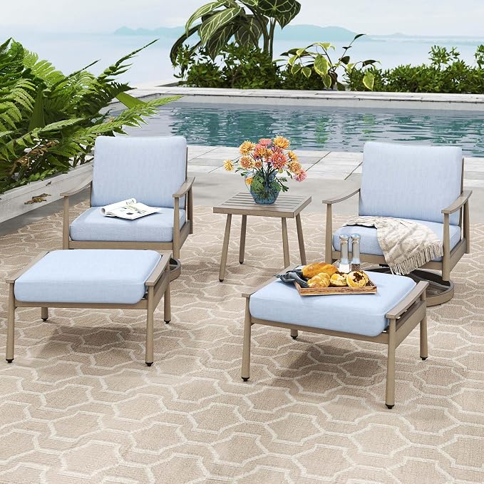 HAPPATIO Aluminum Outdoor Furniture Set - 5 Pieces Patio Furniture Set Includes 1 Side Table, 2 Swivel Chairs and 2 Ottomans with Thick Cushion, Patio Conversation Set for Backyard Poolside (Brown)
