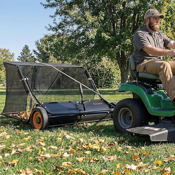 Garvee 50 Inch Lawn Sweeper Tow Behind, 26 cu.ft. Large Pull Behind Grass Sweeper, Heavy Duty Leaf & Grass Collector with Dumping Rope Design, Adjustable Sweeping Height for Picking Up Debris & Grass