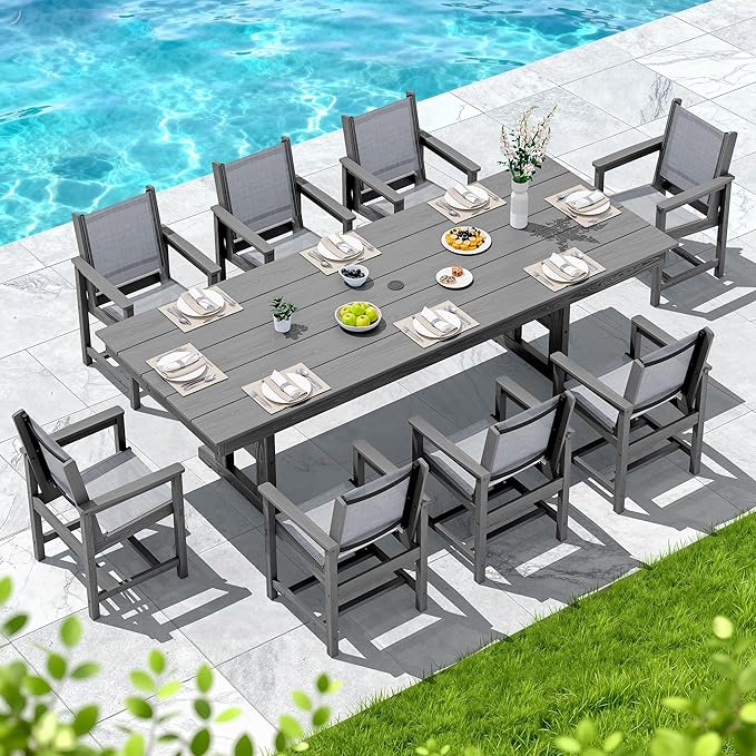 SERWALL Outdoor Dining Chairs Set of 2, All-Weather HDPE Textilene Sling Dining Chair for Backyard, Garden, Gray