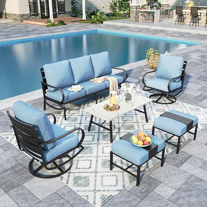Sophia & William Patio Furniture Sets 7 Seats Outdoor Conversation Set 6 Pcs,2 x Cushioned Swivel Sofa Chairs,1 x 3-Seat Sofa,2 Ottomans, Marbling Metal Coffee Table Patio Backyard Poolside Blue