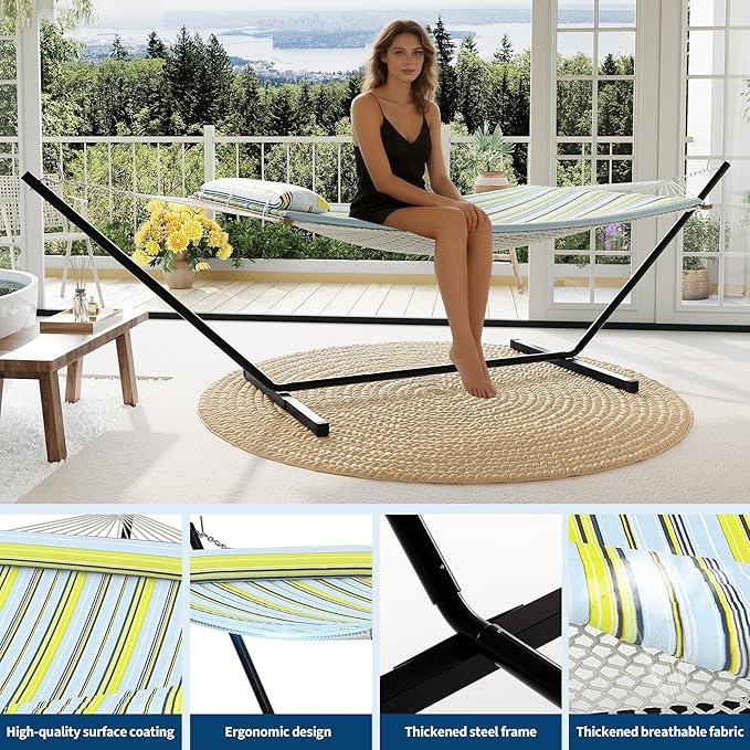 Double Hammock with Stand for Outdoor, Portable Hammock with Soft Pillow, Balance Ropes, for Patio, Garden, Backyard, Beach