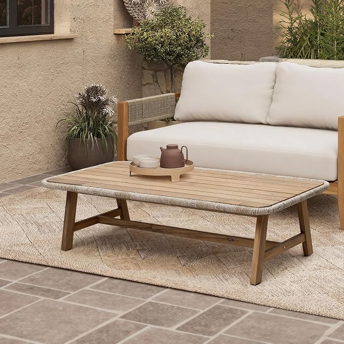 LuxenHome 47" Outdoor Coffee Table for Patio, Acacia Wood Patio Table with Woven Trim, Rectangular Outdoor Table for Patio, Balcony, and Porch