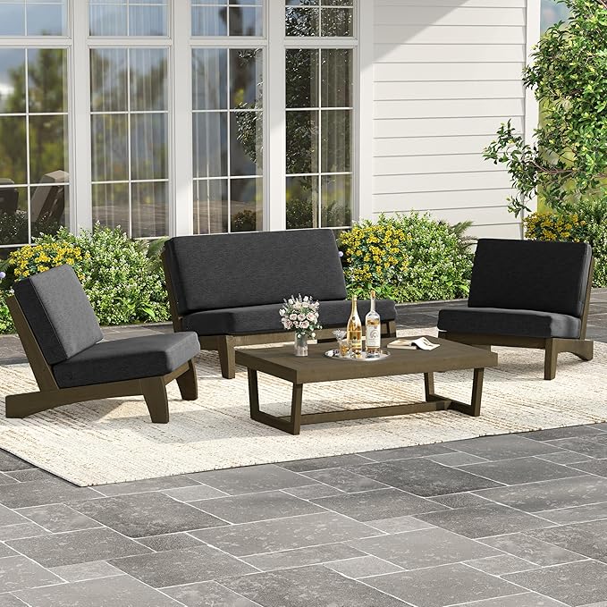 UIXE Wood Patio Furniture Sets, 4 Pieces All Weather Outdoor Sectional Futniture Patio Sofa Chair Backyard Conversation Set with Solid Wooden Coffee Table - Dark Gray