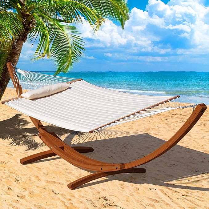 Lazy Daze Hammocks 12 FT Double Quilted Fabric Hammock and 13 FT Brown Wood Arc Stand, with Spreader Bar, Removable Pillow, 2 Person Hammock for Poolside Outdoor Patio, 450 lbs Capacity, Natural