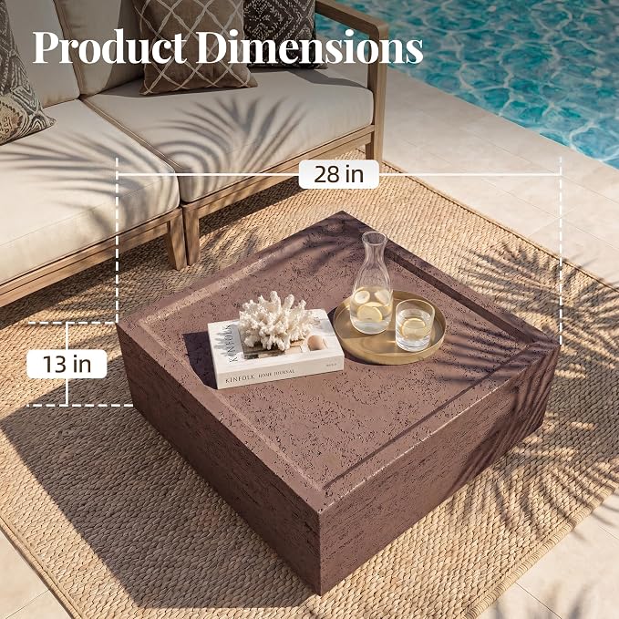 UPHA 28" Square Outdoor Coffee Table, Modern Hollow Concrete Patio Table, Small Minimalist Low Accent Table for Living Room, Balcony, Deck, Backyard, Rust Red