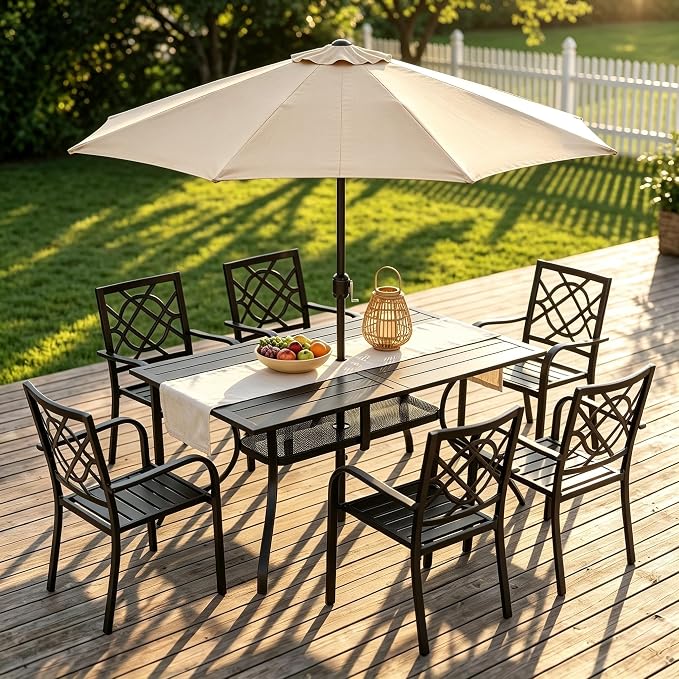 Crownland 7 PCS Furniture Patio Dining Set, 6 Stackable Metal Chairs, and Rectangular Outdoor Dining Table with Khaki 9FT Round Outdoor Umbrella (Metal Tabletop)