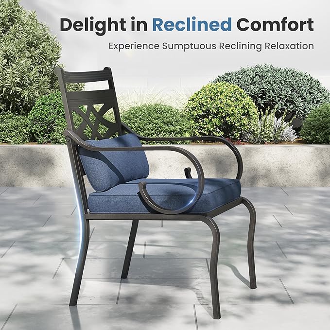PHI VILLA Patio Dining Set, 37" Square Metal Table | Metal chairs, Blue, Umbrella Hole, Cushions, E-coated