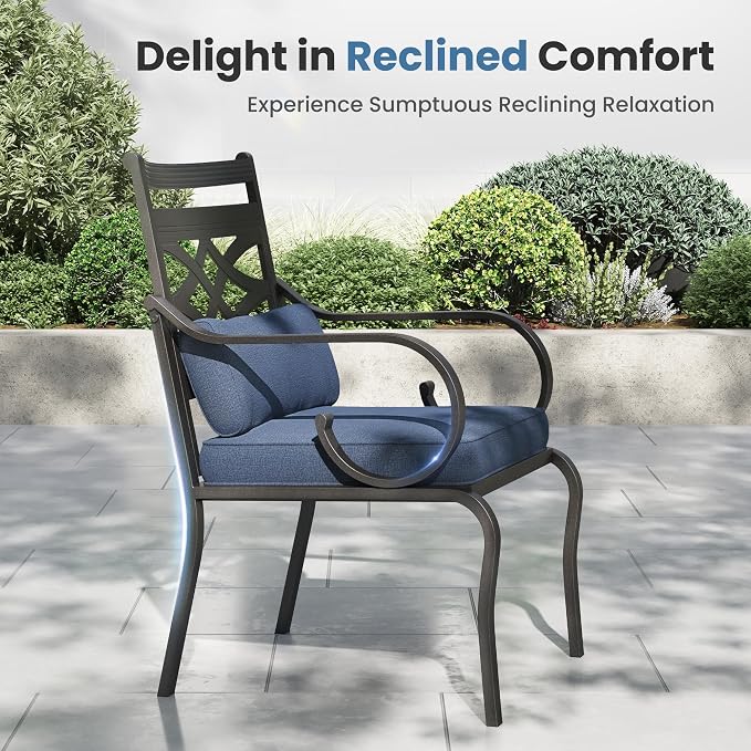 PHI VILLA Patio Dining Set, Metal Table | Metal chairs, Blue Cushion, Umbrella Hole, Cushions, E-coated