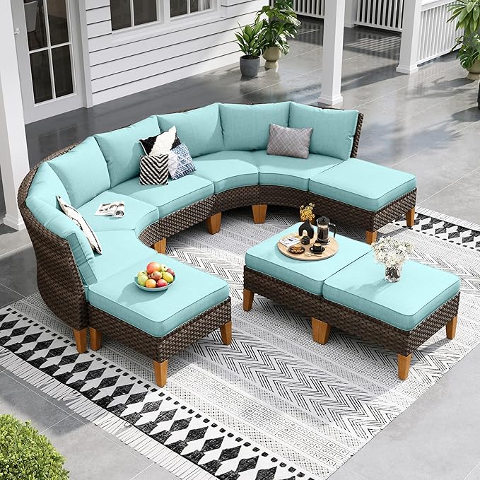 Sophia & William Outdoor Wicker Sectional Sofa Set, 9 Piece Half Moon Curved Patio Furniture Modern Round Outdoor Couch Conversation Set with Ottoman for Backyard, Pool, Garden(Aqua Blue)