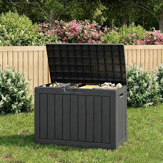 KAMABOKO 55 Gallon Outdoor Storage Box, All-Weather Resin Deck Box Outdoor Waterproof with Lockable Lid for Patio Cushions, Package Deliveries, Garden Tools, Pool Supplies, Black