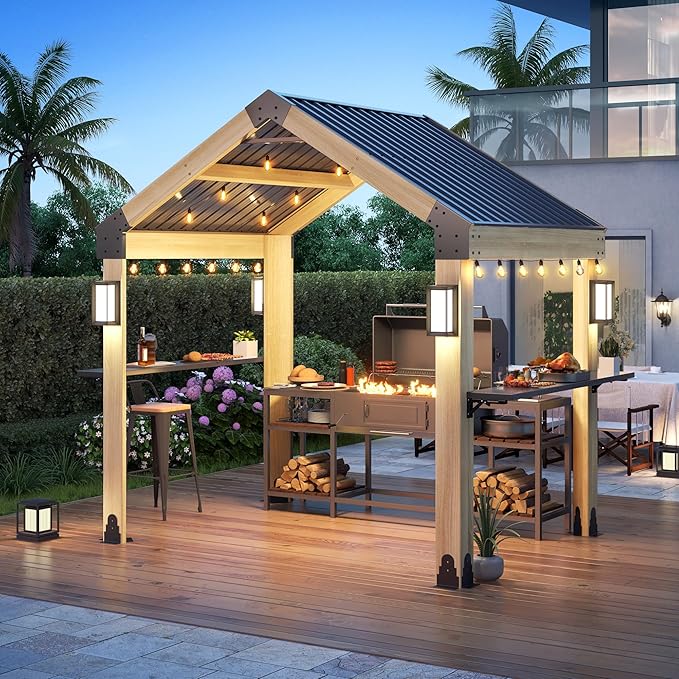 GARTOO 7.7'x5.7' Outdoor Grill Wood Gazebo - Hardtop Gazebo with 2 Side Shelves, Solar Light and Galvanized Steel Roof, Patio Wooden BBQ Pergola for Garden, Porch and Backyard