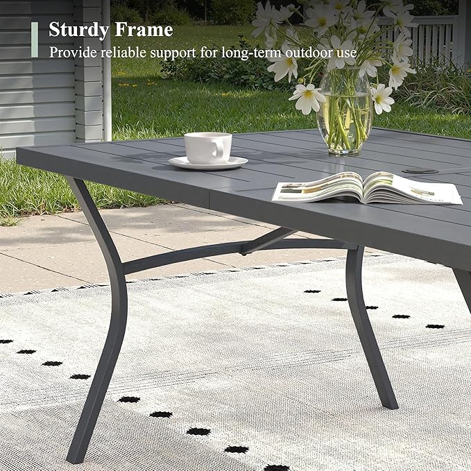 3 Pieces Outdoor Dining Set, 63.1" Patio Dining Table with 2 Outdoor Backless Benches Metal Frame & Faux Wood Seat for Garden Lawn Backyard, Grey