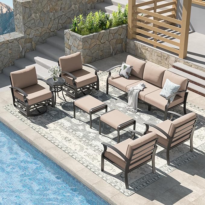 Kullavik Aluminum Patio Furniture Set with 2 Swivel Chairs,9-seat Metal Outdoor Furniture Patio Sectional Sofas Patio Conversation Set w/2 Ottomans for Patio,Backyard,Poolside-Sand
