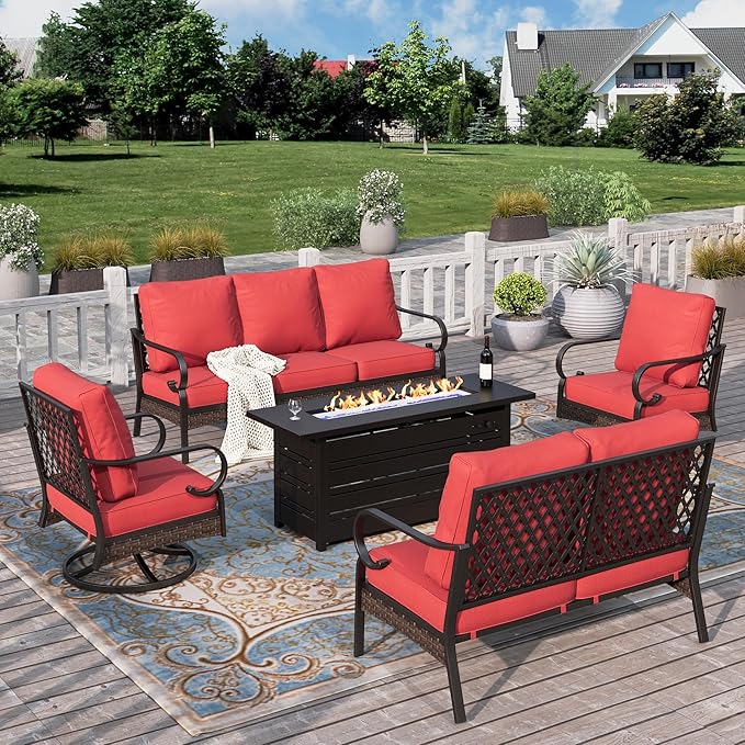 HERA'S HOUSE 5 Piece Metal Patio Furniture Set with 56" Fire Pit Table, All Weather Outdoor Conversation Set, 3 Seat Sofa with Loveseat, 2 Swivel Chairs, Seats 7 for Backyard, Garden, Deck, Red