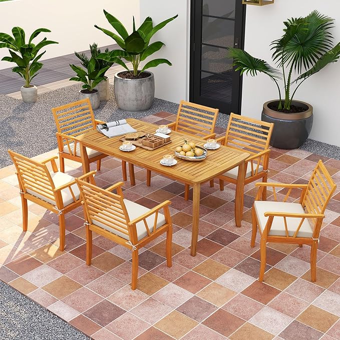 Tangkula 7 Pieces Acacia Wood Patio Dining Set, Outdoor Table and Cushioned Chairs Set with 1.97” Umbrella Hole, Outside Dining Furniture Set for Deck, Garden and Backyard