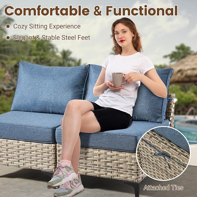 7 Pieces Wicker Patio Furniture Set,Outdoor Sectional Sofa with Coffee Table Comfy Cushions,Modern Modular Deep Seat Rattan Couch Conversation Set,Denim Blue