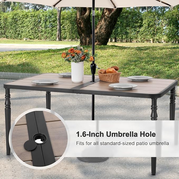 NUU GARDEN 7-Piece Outdoor Dining Chair and Table Set, 6 Stackable Metal Dining Chairs, 61" x 37" Rectangle Metal Dining Table with 1.6" Umbrella Hole, for Backyard, Deck, Yard, Garden, Black