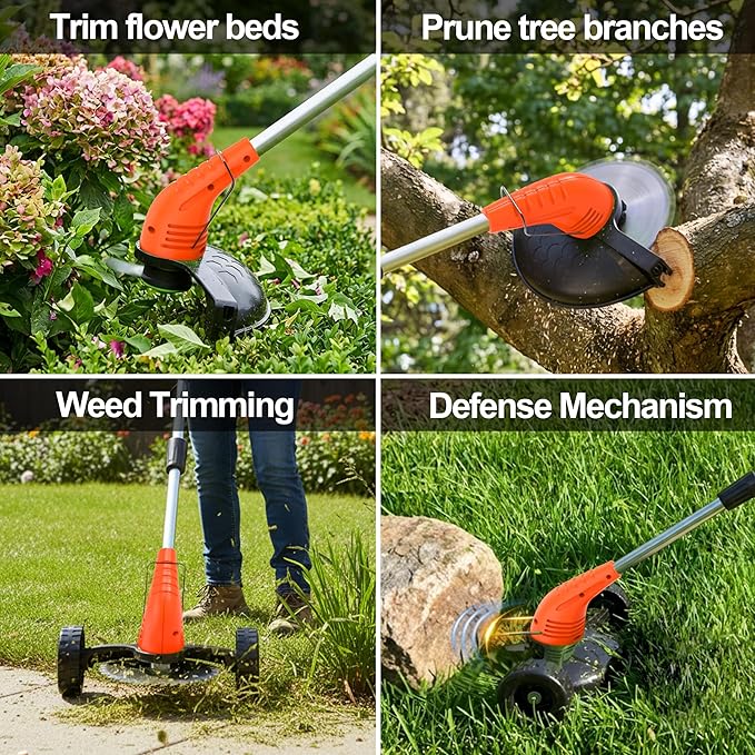 Cordless Weed Wacker, Grass Trimmer with 3 Types Blades and 2.0Ah Li-Ion Battery Powered,12V Electric Weed Trimmer/Edger for Garden Yard Work and Lawn Care（Orange）