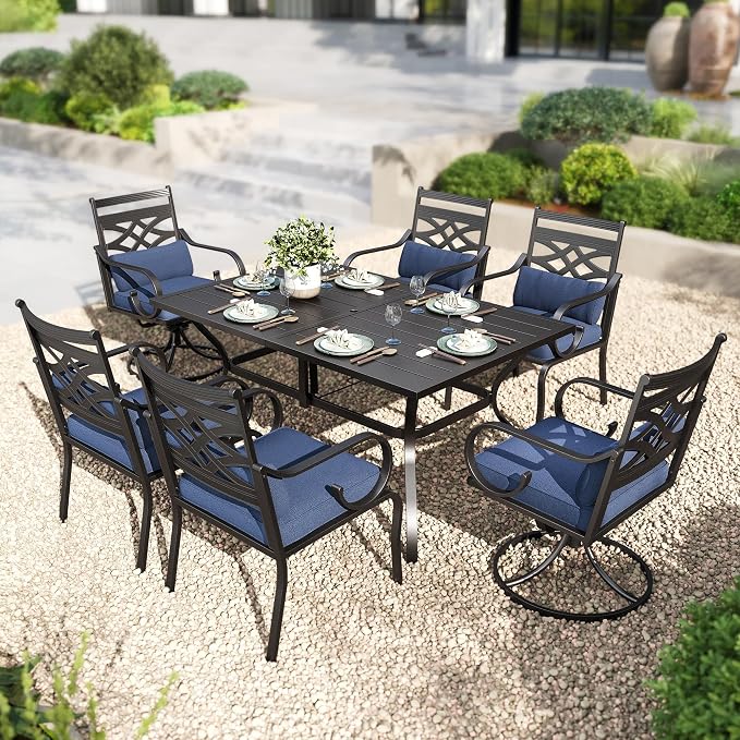 PHI VILLA 7 Pieces Outdoor Dining Set for 6 | 60" Table, Blue Cushion, Fixed & Swivel Chairs, 60" Rectangle Metal Table with Umbrella Hole & Fixed Swivel Chairs Combo