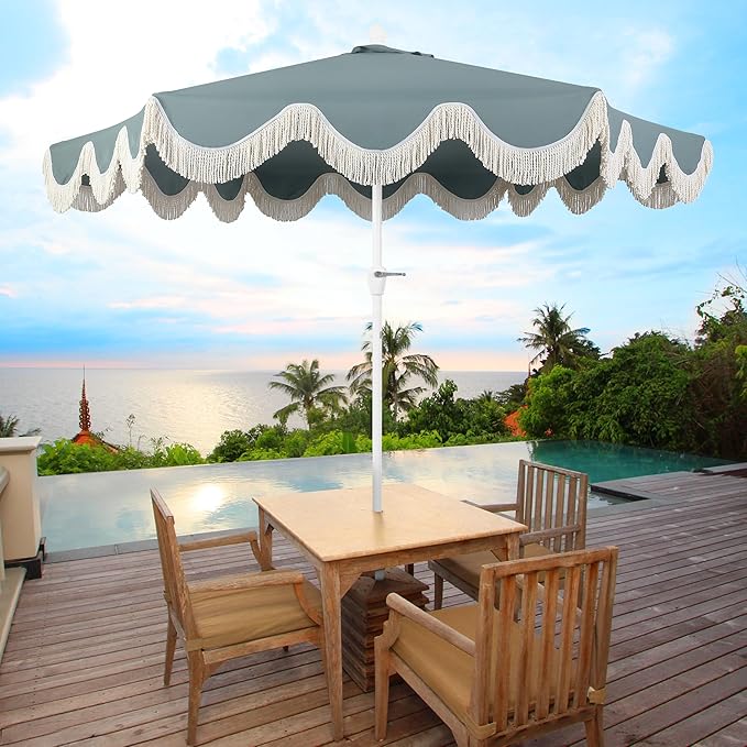 JONATHAN Y UMB1001 Collins 9 ft. Classic Cottage Tassel Market Patio Umbrella with Auto-Tilt, Crank, Wind Vent and UV Protection