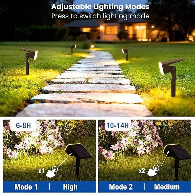 JEJOT Solar Lights Outdoor Waterproof IP65, Super Bright LED with Lens, 3000K 2 Lighting Modes, Solar Powered Yard Garden Solar Spot Lights for Outside Landscape Auto On/Off -4 Pack