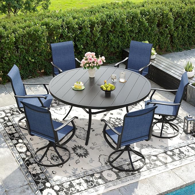 DIFY Outdoor Dining Set for 6, 7 Piece Patio Table and Chairs Set, Swivel Patio Dining Chairs with Blue Textilene & 50" Black Round Metal Dining Table with Umbrella Hole, for Garden Backyard Deck