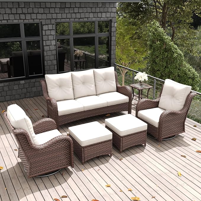 LayinSun 6 Pieces Outdoor Patio Furniture Set, Rattan Wicker Sectional Swivel Rocker Chairs Sets with Ottomans, Swivel Glider Chairs, and Coffee Table