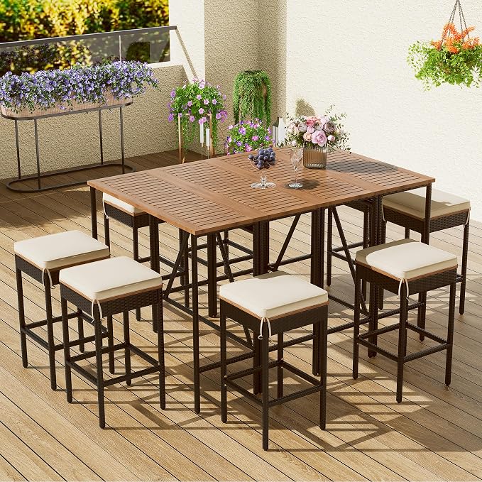 10-Piece Outdoor Patio Dining Set, Acacia Wood Bar Height Table with Foldable Tabletop and Four Stools with Cushions, High-Dining Bistro Set