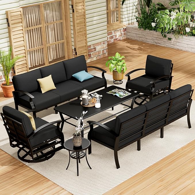 Aluminum Patio Furniture Set with Coffee Table,8 Seats Metal Modern Outdoor Furniture w/5.1" Thick Cushions,Patio Sectional w/Swivel Chairs for Patio,Backyard,Black