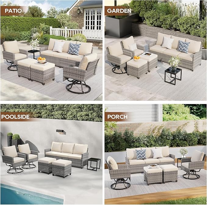 6 Piece Outdoor Furniture Set, Rattan Patio Furniture with 2 Swivel Chairs, 3-Seat Sofa, 2 Ottoman & Side Table, All-Weather Conversation Set for Porch Garden Lawn Balcony (Gray & Beige)