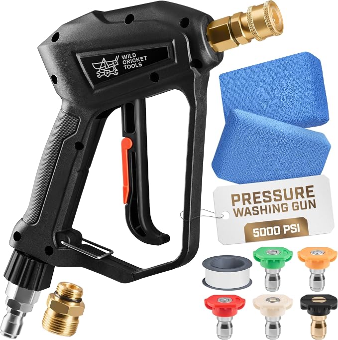 Wild Cricket Tools® Short Pressure Washer Gun 5000 PSI, 3/8" QC & M22-14mm Inlet | 5 Nozzles, 360° Swivel, Lockable Trigger | Fits Electric & Gas Pressure Washers - NOT for Garden Hoses
