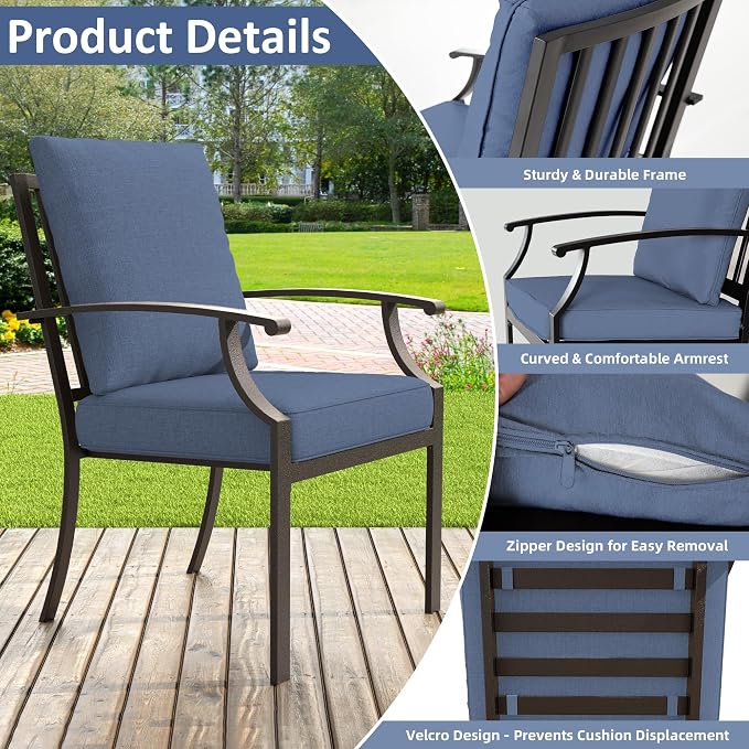ALAULM 7-Piece Outdoor Dining Set for 6 Metal Outdoor Patio Furniture with 40000 BTU Round Fire Pit Table for Patio, Backyard, Garden-DarkBlue