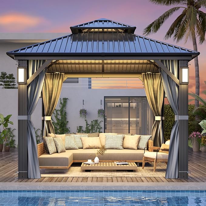 GARTOO 10'x10' Outdoor Hardtop Gazebo with Double Roof - Heavy-Duty Steel Top Aluminum Frame Gazebo with Solar LED Light, Breathable Netting & Privacy Curtain for Patio, Porch, Garden, Backyard