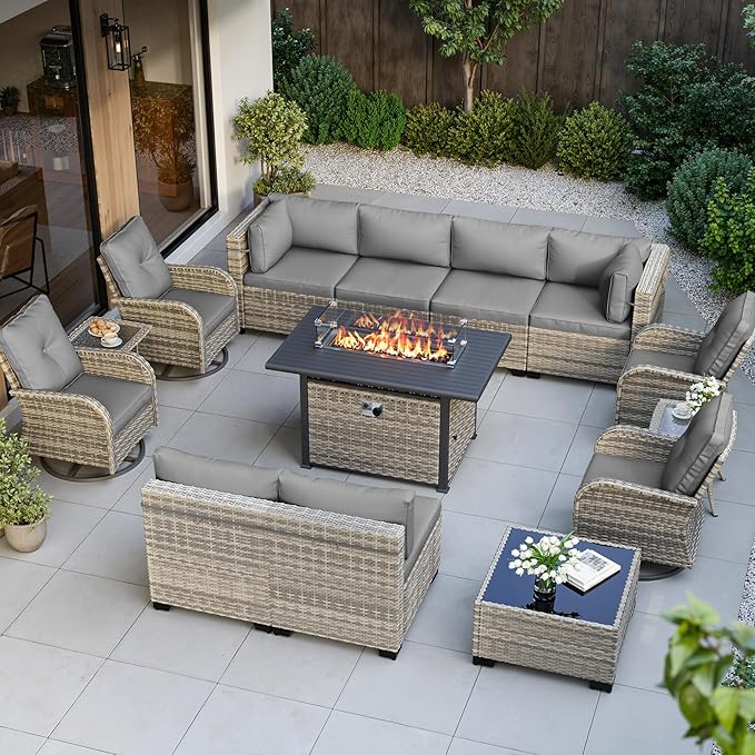 14-Piece Outdoor Patio Furniture Set with Rocking Swivel Chair, Wicker Rattan Sectional Sofa Conversation Set with 55,000 BTU Fire Pit Table, Backyard Furniture, Grey