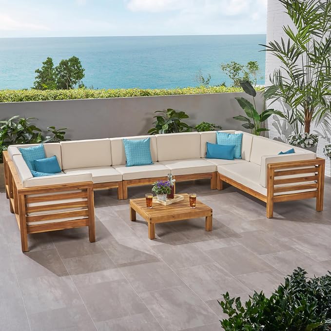 Christopher Knight Home Oana Outdoor 9 Seater Acacia Wood Sectional Sofa Set, Teak Finish and Beige