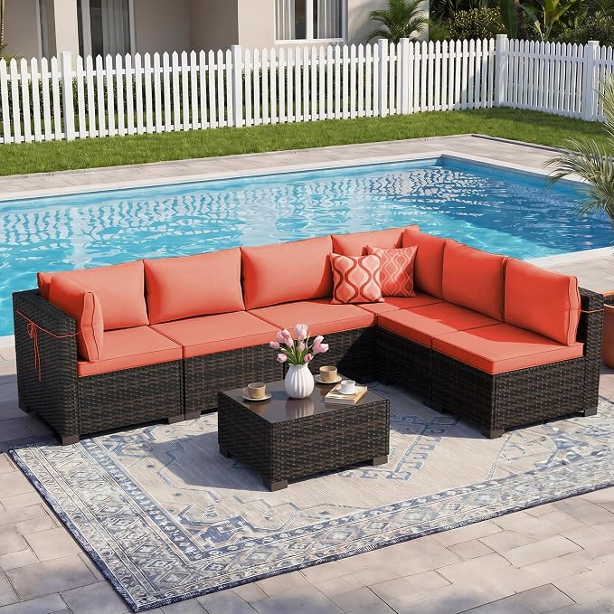 CHABATREE 7-Piece Outdoor Patio Furniture Sets, Manual Weaving Rattan Conversation Sectional Sofa with Tempered Glass Coffee Table, All-Weather PE Wicker & Thick Cushions for Garden, Backyard, Porch
