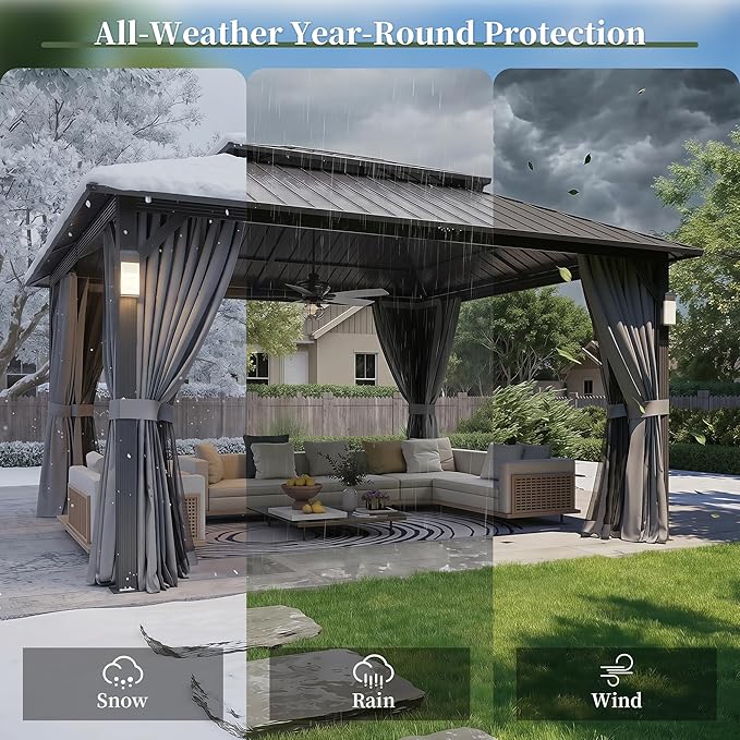 Aoxun 14'x12' Hardtop Gazebo with 4 LED Lights, Outdoor Gazebo with Galvanized Steel Double Roof, Patio Gazebo with Breathable Netting & Privacy Curtain, Decor Hooks for Backyard, Gray