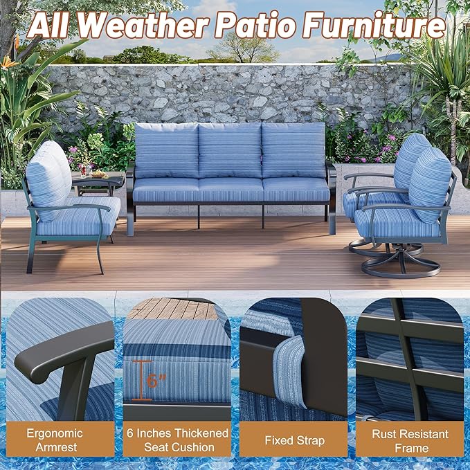 HOMREST Outdoor Furniture Thickened Cushion 360 Degree Swivel Rocking Patio Chairs and 3-Seat Sofa, Loveseat, Coffee Table, 5 PCS Metal Conversation Set for Garden, Deck and Poolside